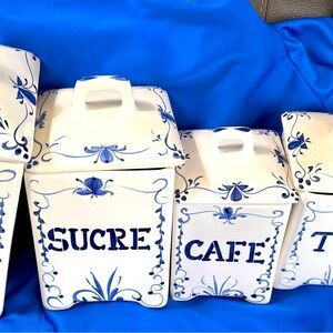 Blue and white hand painted French country 4 piece canister set